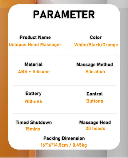20Massage Heads Orange Scalp Head Massager Red Light Vibrator Octopus Scratcher For Relaxation Stress Migraine